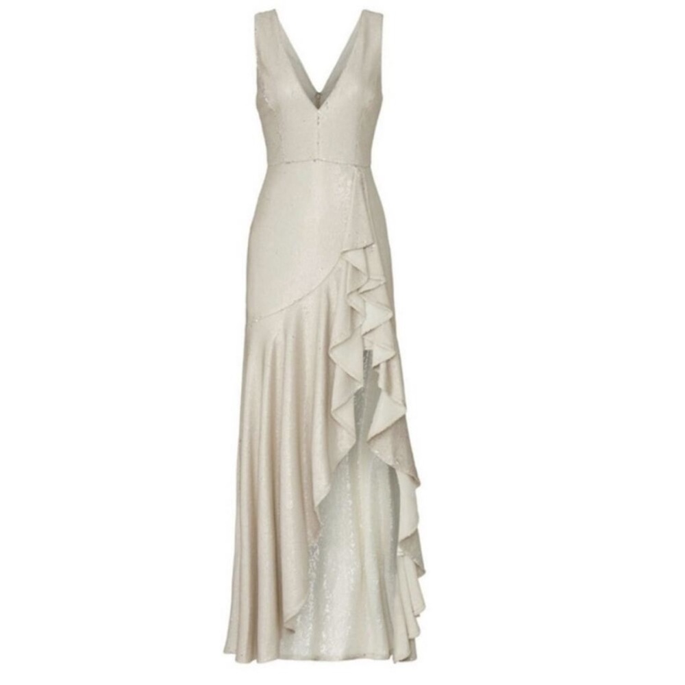 Badgley Mischka V Neck Ruffle Side
Swept Maxi Sequin Gown Tan
Women's Size 6